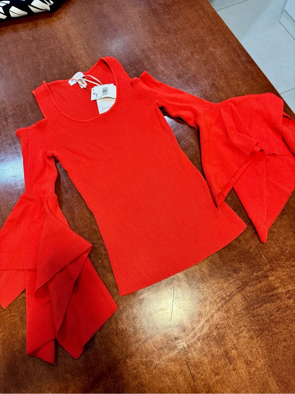 Scripted Bold Orange Cold-Shoulder Ribbed Bell-Sleeve Top - Picture 2 of 10